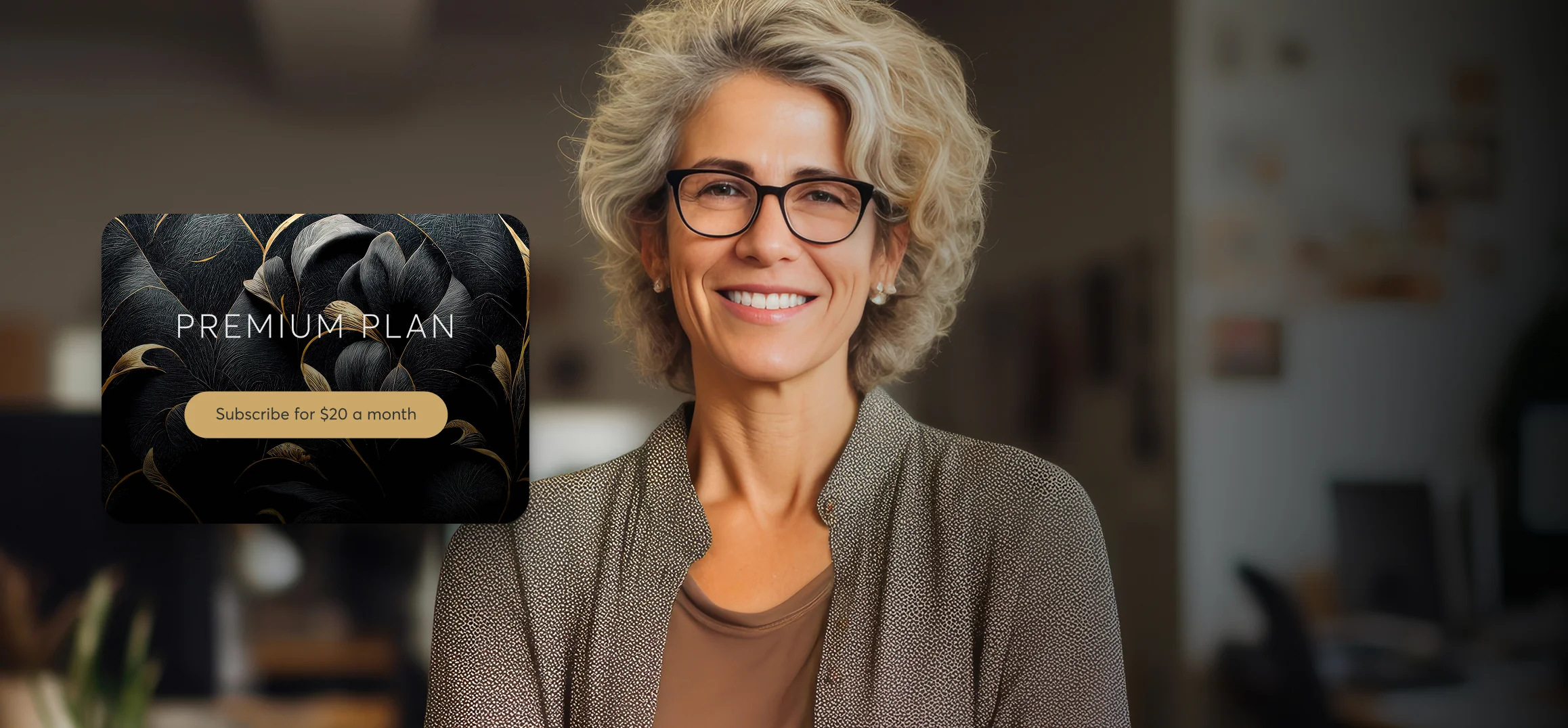 Middle-aged woman wearing glasses smiles at the camera, standing in a softly lit, blurred office background.