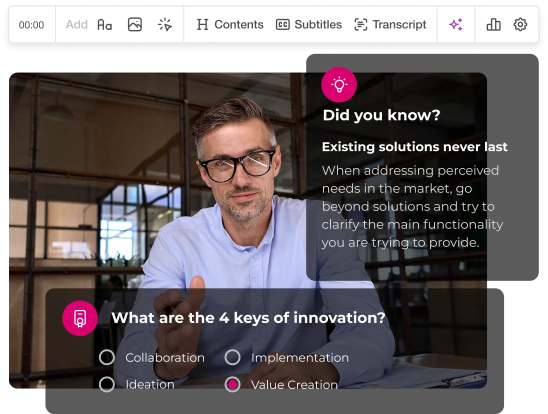 Middle-aged man in glasses gestures toward the camera while seated at a desk in a glass-walled office; translucent UI overlays show an informational...
