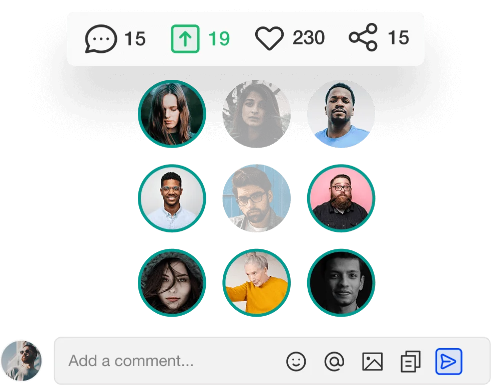 Nine circular profile photos in a 3×3 grid (object) sit under a reaction bar reading 15, 19, 230, 15 (action) on a black background above a comment...