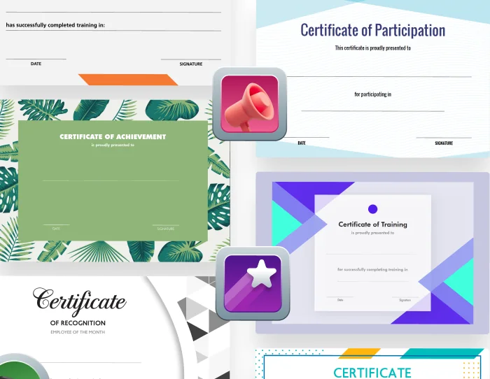 Assortment of certificates overlapped and fanned on a flat surface, showing varied designs (blue, green, purple, tropical, script) for participation,...