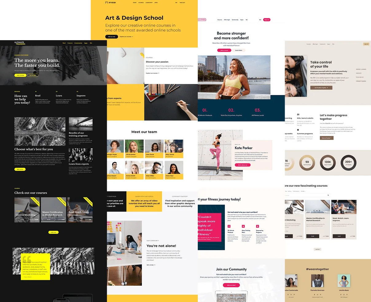 A collage of website landing-page templates (object) displaying course, team, fitness, and wellness content (action) arranged as overlapping colorful...