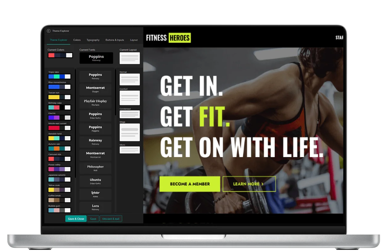Laptop screen displaying a website theme editor: left pane lists palettes, fonts and layout options; right shows a gym hero image with a bold...