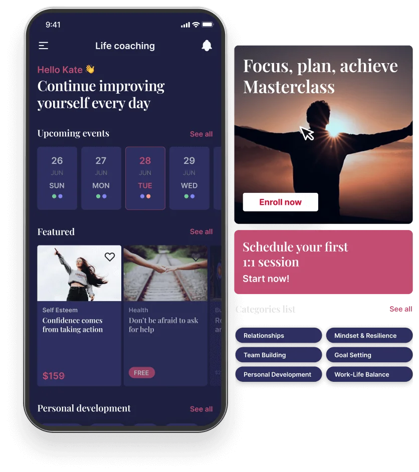 A smartphone screen displays a life-coaching app dashboard with upcoming events, featured courses, and categories; a right-side panel shows a...