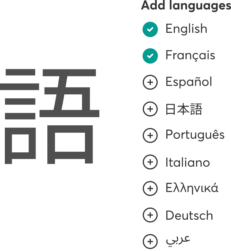 A large gray Chinese character dominates the left; a vertical language-selection menu at right shows two teal-checked languages and plus-circle...