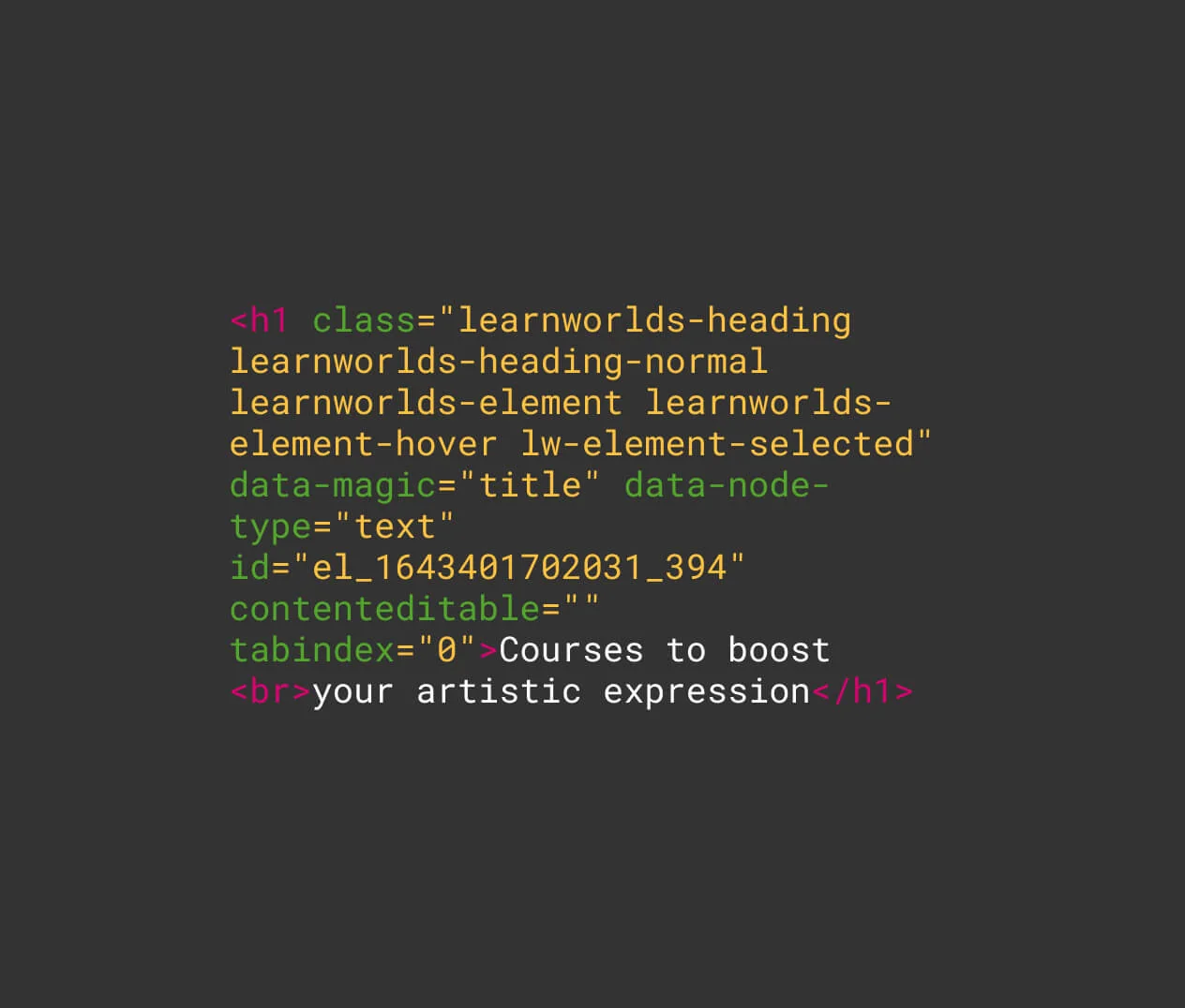 HTML h1 element displayed as colored source code — attributes and markup listed, showing its headline text on a dark code-editor background.