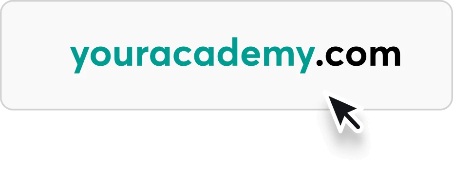 Website name "youracademy.com" displayed (youracademy in teal, .com in black), cursor arrow clicking the ".