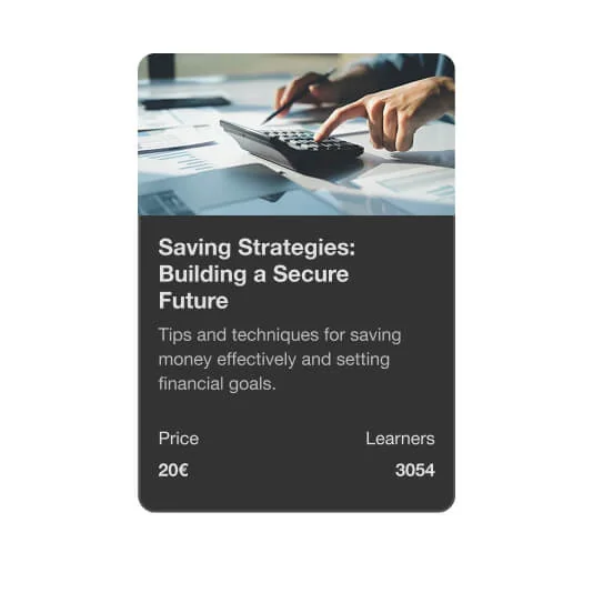 Course card: hands pressing a calculator on scattered documents, suggesting budgeting and financial planning in a bright office workspace.