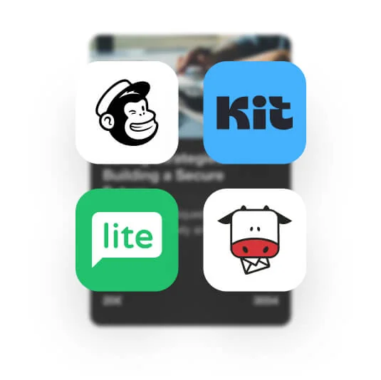 Four app icons — Mailchimp monkey, blue "Kit", green "lite", cow-with-envelope — float overlapping above a blurred dark app preview on a white...