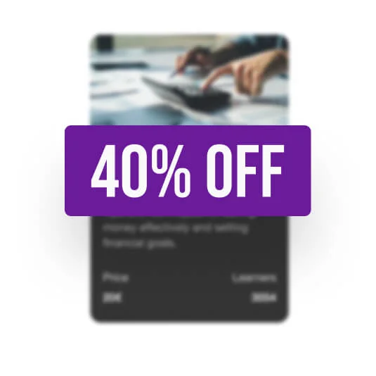 Purple rectangular badge reading "40% OFF" overlays a blurred product card; hands tap a tablet-like device on a desk in a soft-focused office...