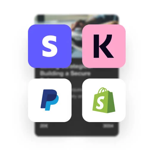 Four app icons (S, K, P, S) float in a 2x2 grid above a blurred smartphone card: purple square "S", pink square "K", white PayPal "P", white Shopify...