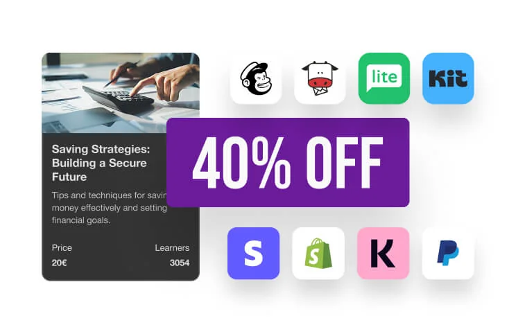 Course card displays financial-course content with hands using a calculator; a purple "40% OFF" banner overlays it, and app icons float on a white...