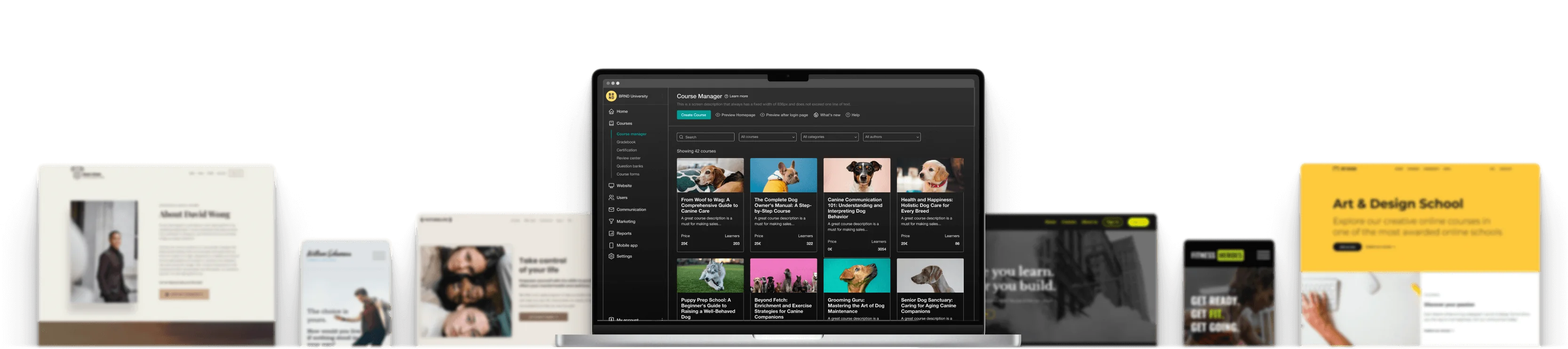 Laptop — displaying a dark "Course Manager" dashboard with multiple course cards — surrounded by tablets and phones showing various website landing...