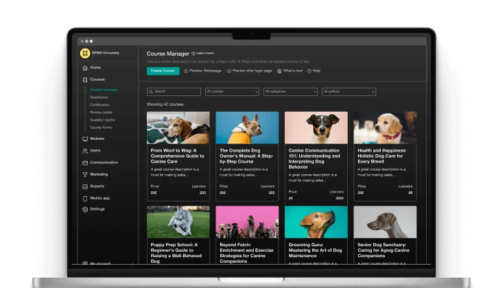 Laptop screen showing a dark-themed course-manager dashboard displaying a grid of dog-care course cards, search/filter controls, and a left...