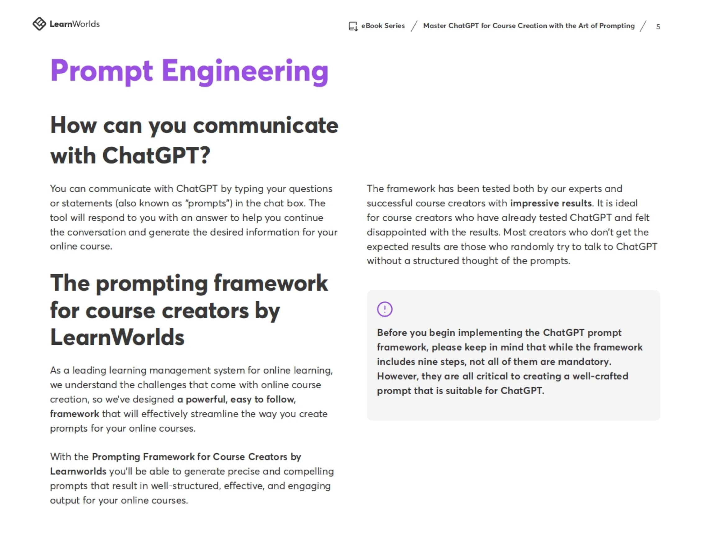 Large purple heading "Prompt Engineering" above a two-column page: left explains communicating with ChatGPT and a LearnWorlds prompting framework;...