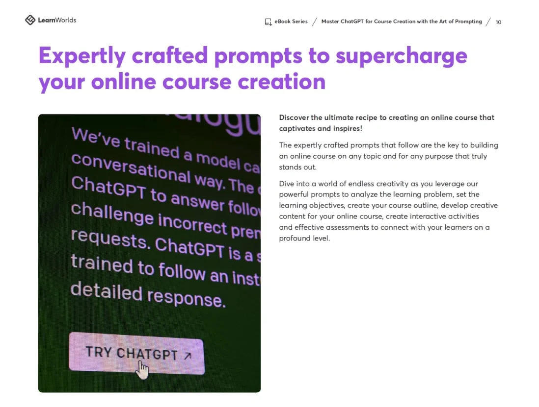 Purple headline promotes expertly crafted prompts for online course creation; a left screenshot shows a cropped ChatGPT page with a "TRY CHATGPT"...