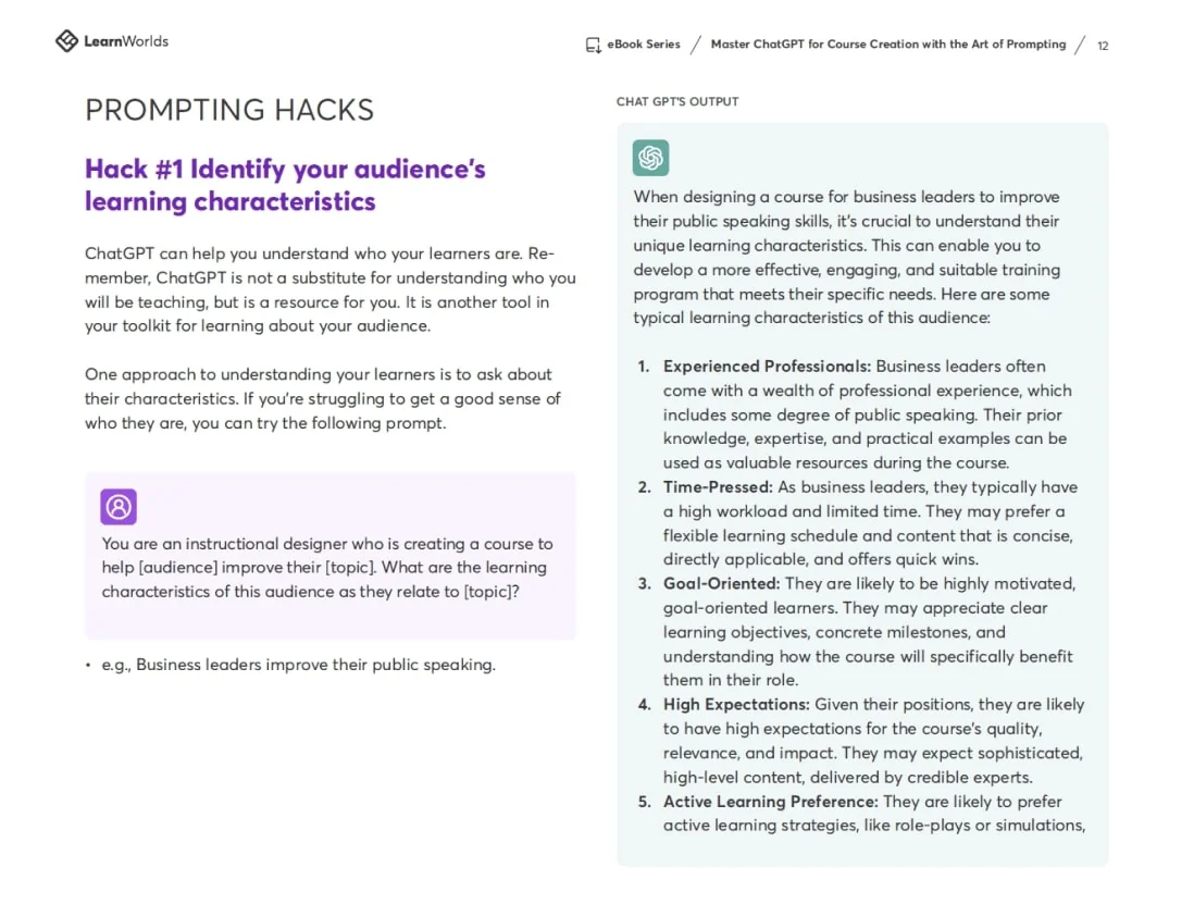 A two-column eBook page showing a "Prompting Hacks" tip: a highlighted prompt for identifying learners' characteristics on the left and ChatGPT's...