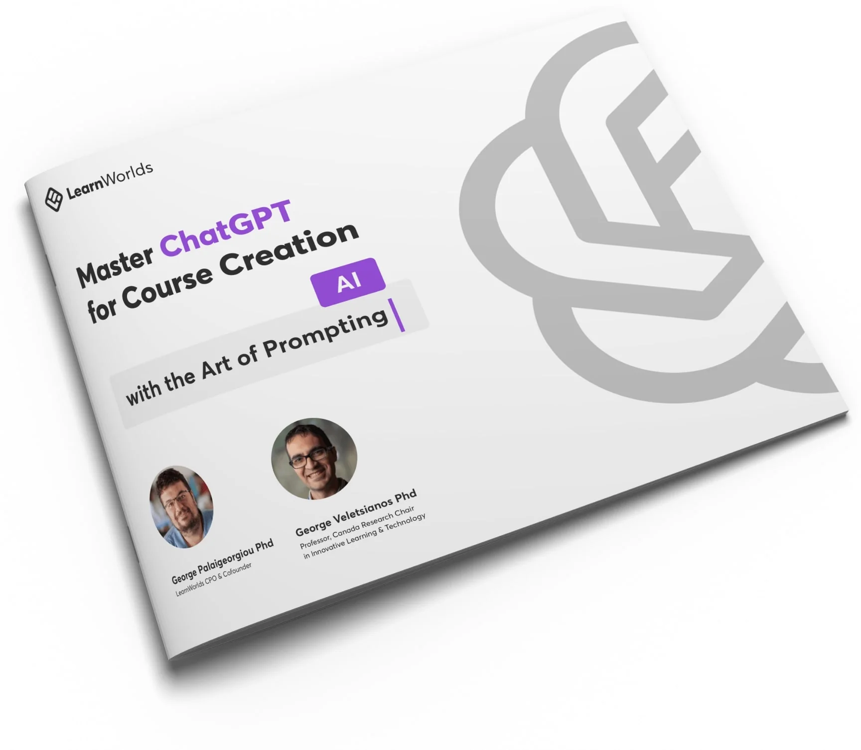 Brochure cover showing a tilted white booklet with the title, a purple "AI" badge, two presenter headshots, and a large grey logo against a white...