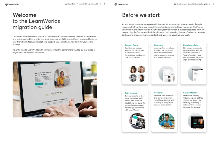 A two-page LearnWorlds migration guide spread presenting a welcome message, a laptop screenshot, and six resource cards outlining support options and...