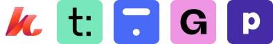 Row of five colorful app icons aligned horizontally: orange-red stylized mark (resembles 'k'), mint-green "t:", cyan with white horizontal bar and...