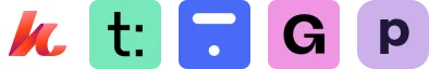 Five colorful rounded-square app icons arranged side-by-side: orange-red "hc" logo, mint green "t:", blue bar-and-dot "—·", pink "G", lavender "p" on...