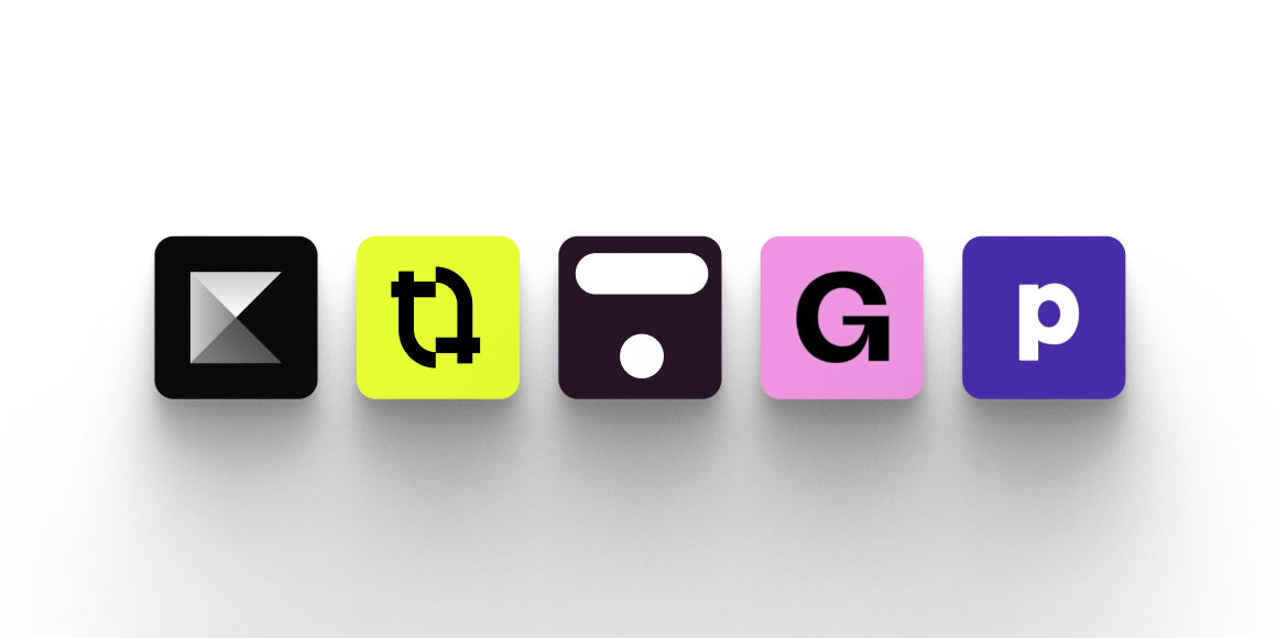 Five colorful square logos/icons displayed in a horizontal row on a light gray background, representing different migration or integration services.
