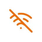 Orange stylized ear icon crossed by a diagonal slash, indicating muted or hearing-disabled; small dot nearby; centered on a plain white background.