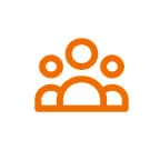 Three stylized human silhouettes—one larger central figure flanked by two smaller figures—are depicted in solid orange, arranged as a group icon...