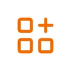 Four orange rounded-corner squares form a 2×2 grid; the top-right cell is a plus sign instead of a square, all centered on a plain white background.