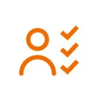 Simplified orange user silhouette stands left of three stacked orange checkmarks, indicating completed tasks or verification, on a plain white...