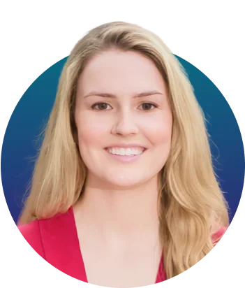 Smiling young woman, facing the camera in a circular headshot against a blue gradient backdrop, wearing a red top with long blonde hair draped over...