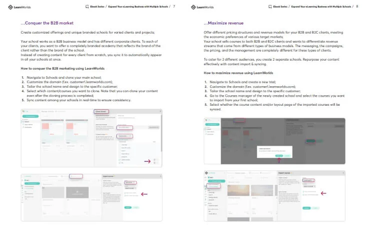 Object-action-context (approx. 30 words): Two-page ebook spread showing guidance pages: one explains creating branded B2B schools, the other explains...