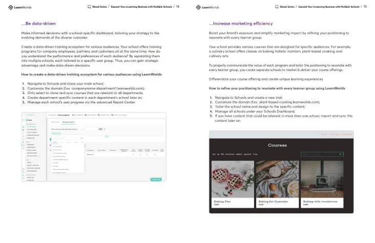 Two-page LearnWorlds brochure: left page explains "...Be data-driven" with steps and a dashboard screenshot; right page explains "...