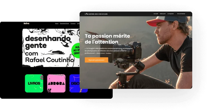 Two overlapping website mockups: a right card shows a man filming with a camera on a tripod; a left card shows graphic thumbnails and site titles on...
