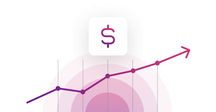 Square white icon displaying "$" hovers above an ascending magenta line graph plotted over a pink semicircular gradient with vertical grid lines on a...