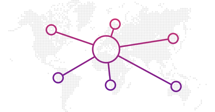 A dotted world map on black shows a central magenta-purple hub circle connected by radial magenta lines to six smaller circles positioned over global...