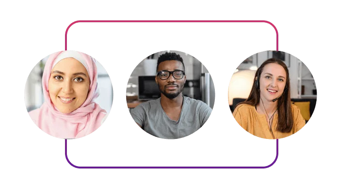 Three circular headshot portraits sit connected by a magenta-to-purple rounded rectangular line; each person faces forward and smiles against blurred...