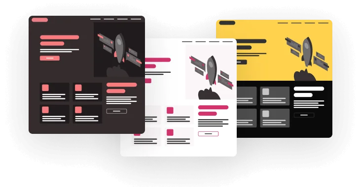 Three overlapping website mockup cards show a stylized rocket launching with folded solar panels; placeholder text blocks and buttons surround it,...