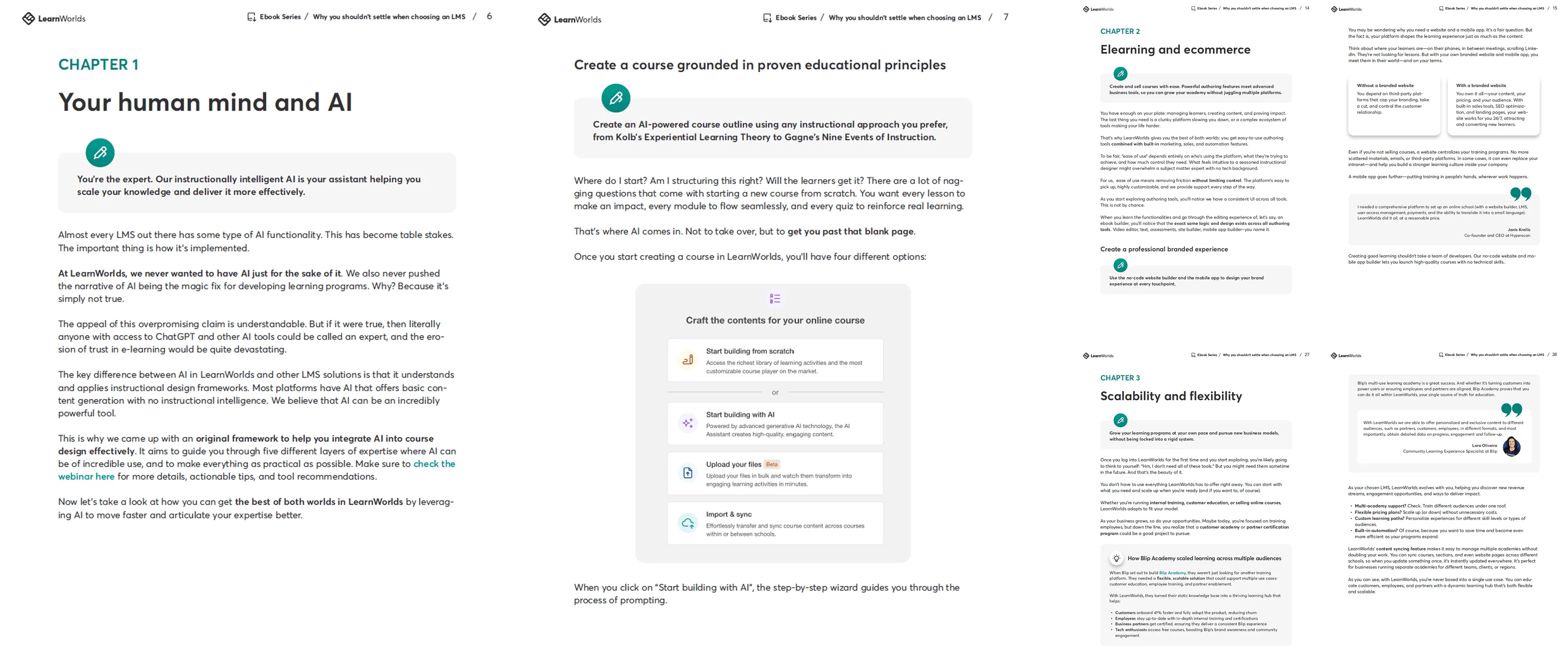Two-page ebook layout showing chapter headings, paragraphs, and a centered course-creation panel; a list of four course-building options with...