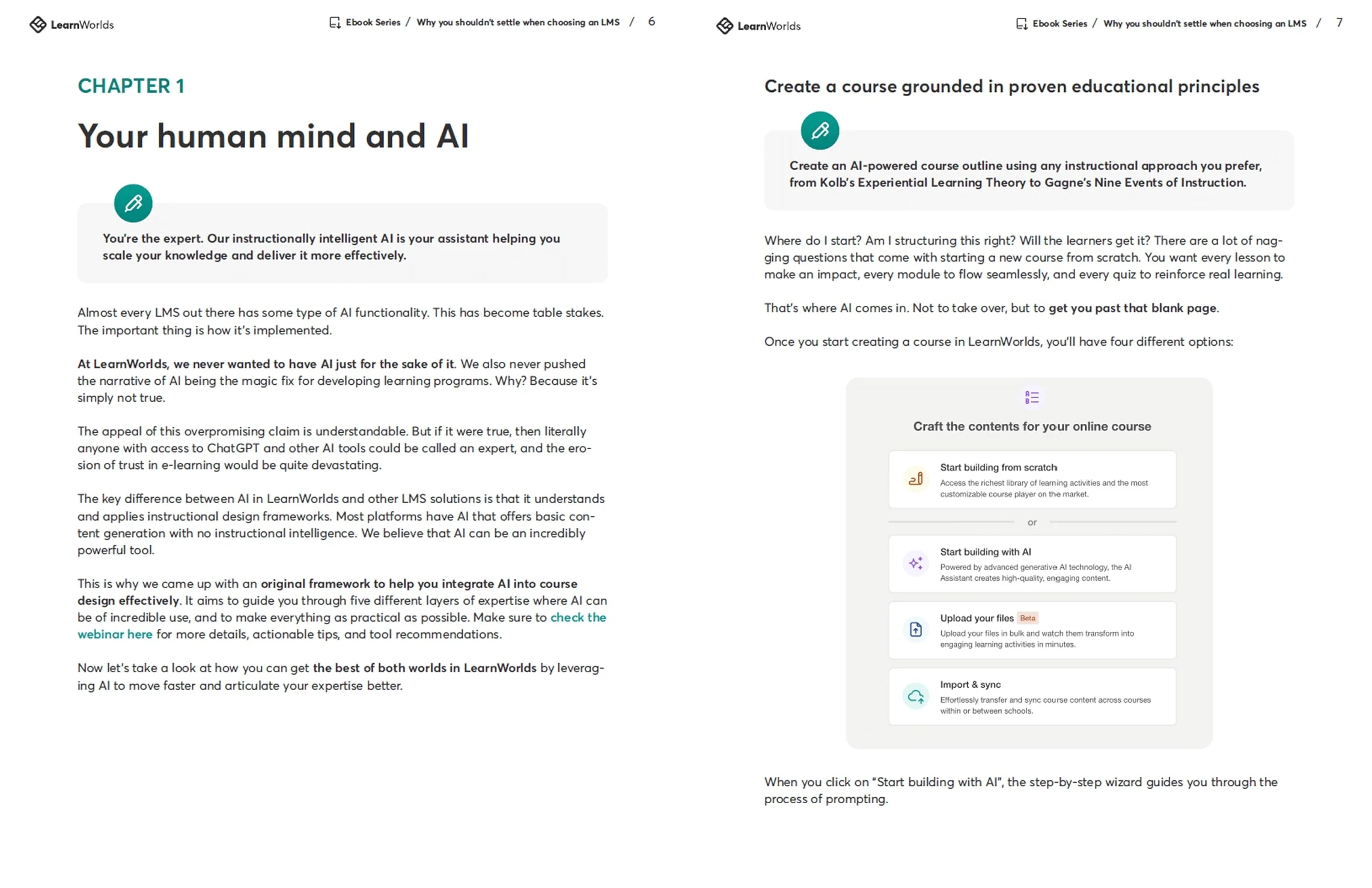 Two-page ebook spread showing Chapter 1, "Your human mind and AI," with explanatory paragraphs on the left and a right-page panel titled "Create a...