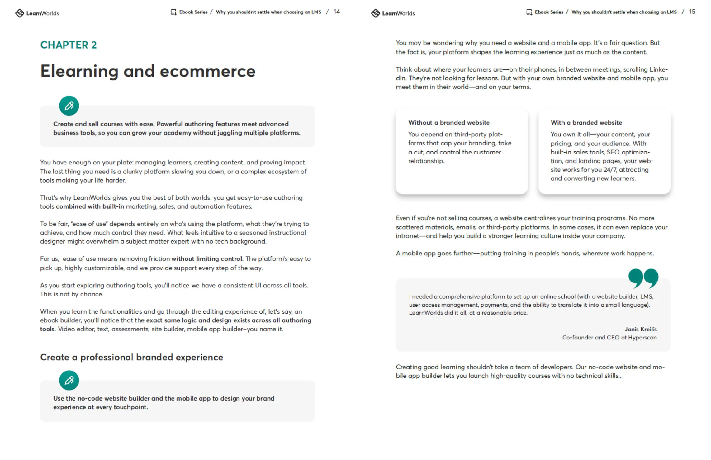 A two-page ebook spread showing Chapter 2, "Elearning and ecommerce," describing LearnWorlds' authoring tools, branded websites, and mobile apps,...