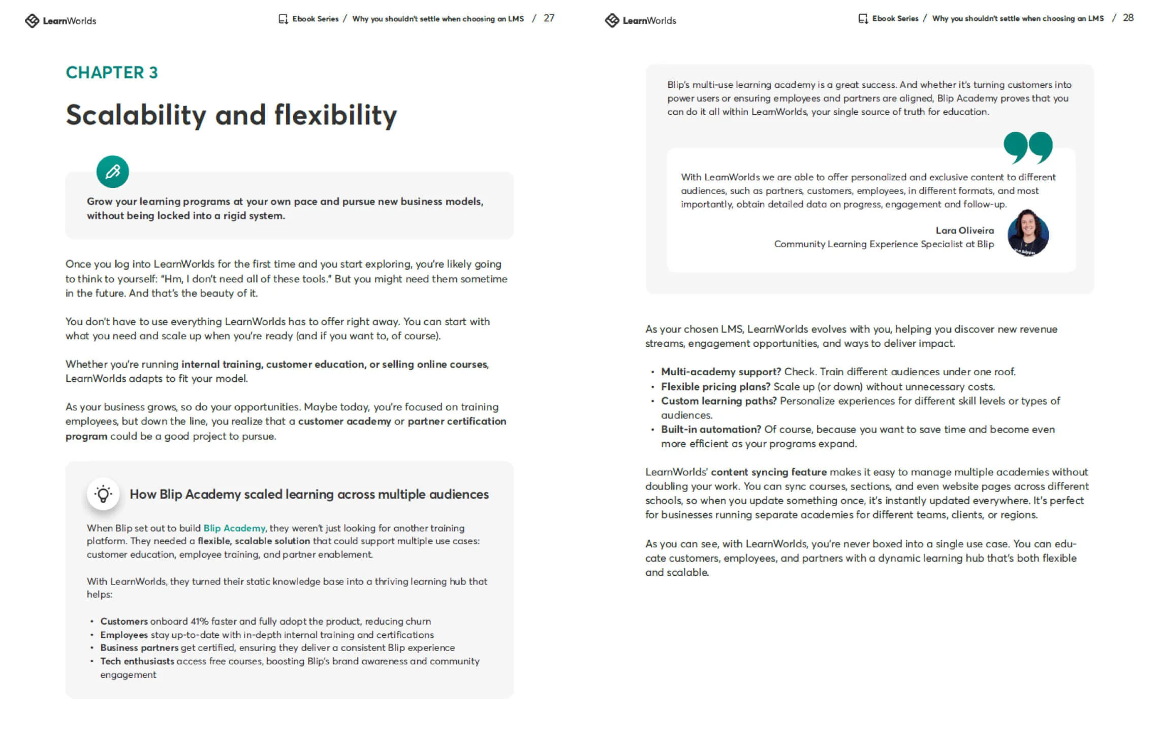 Object (two-page ebook spread) — Action (outlines scalability features and customer success) — Context (LearnWorlds chapter layout with paragraphs,...