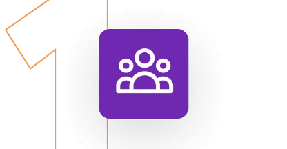 Purple rounded-square app icon displays a white, stylized three-person group symbol; it sits centered on a dark, softly shadowed background accented...