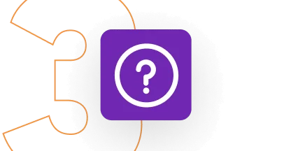 Purple rounded-square icon displays a centered white question mark within a circular border; it sits against a dark background with a large orange...