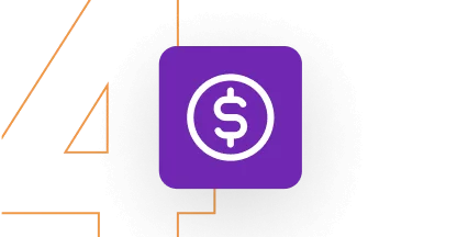 Purple rounded-square icon with a white dollar sign inside a circle sits centered, casting a soft dark halo; thin orange angled lines form a partial...