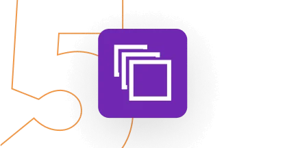 Purple rounded-square app icon displaying three white overlapping square outlines floats above a dark, textured circular shadow against a black...