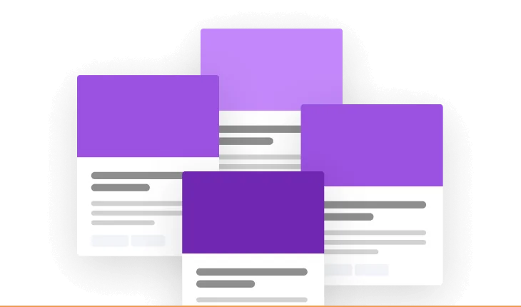 Four overlapping rectangular cards with purple headers and white bodies showing gray placeholder lines, arranged in a staggered, floating cluster...