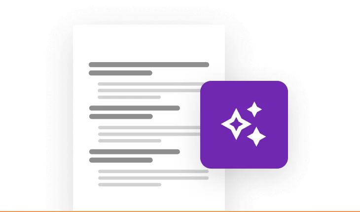 White paper document shows gray horizontal lines (simulated text); a purple rounded-square icon with three white sparkle stars overlays its right...
