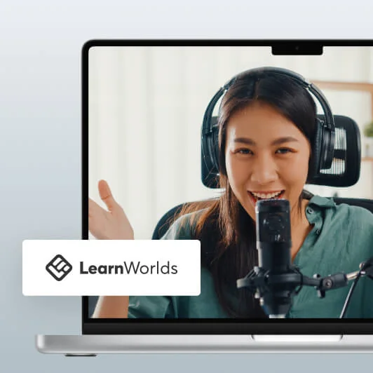 Woman wearing headphones speaks into a microphone and waves on a laptop screen, appearing to livestream or record in a bright home office; overlay...