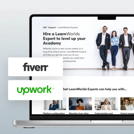 A laptop screen displays a LearnWorlds Experts webpage while Fiverr and Upwork logos overlay it; four business professionals stand on the page...