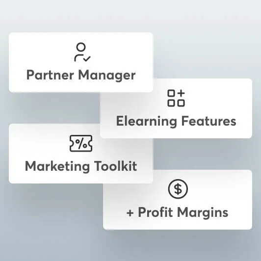 Four overlapping white cards display: Partner Manager; Elearning Features; Marketing Toolkit; + Profit Margins.
